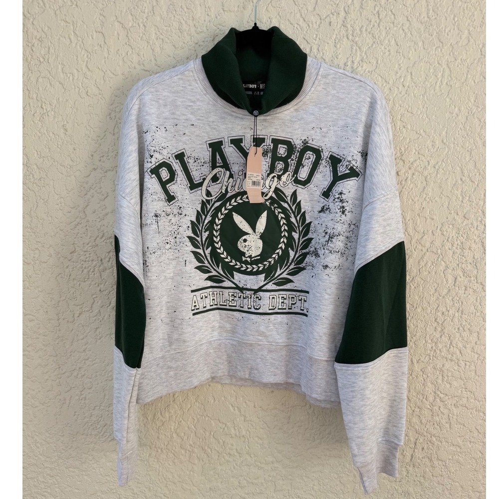 Playboy x Missguided Varsity High Neck Sweater Grey Marl Green US 6 NEW